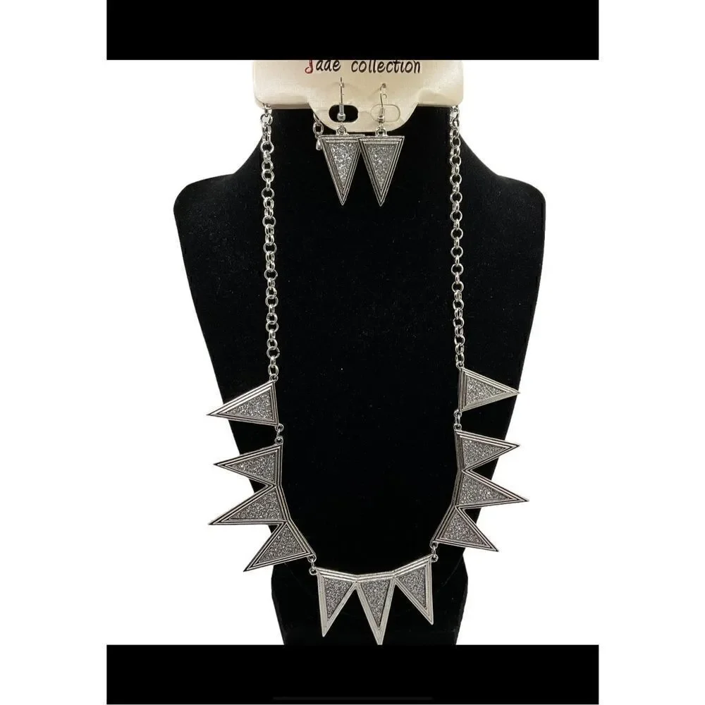 Jade Collection Necklace Earring Set Silver Toned Crushed Rhinestone Triangles